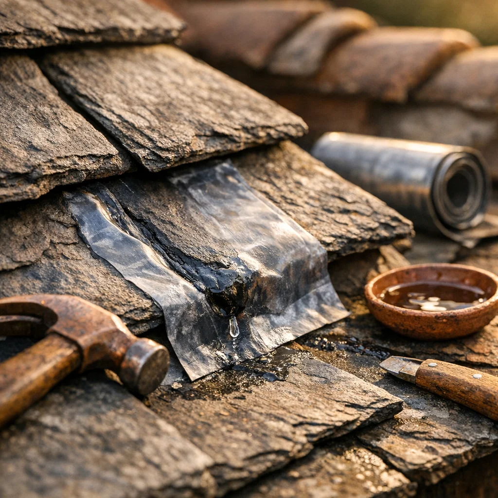 Artisan couvreur au travail sur une toiture dans les Côtes-d'Armor